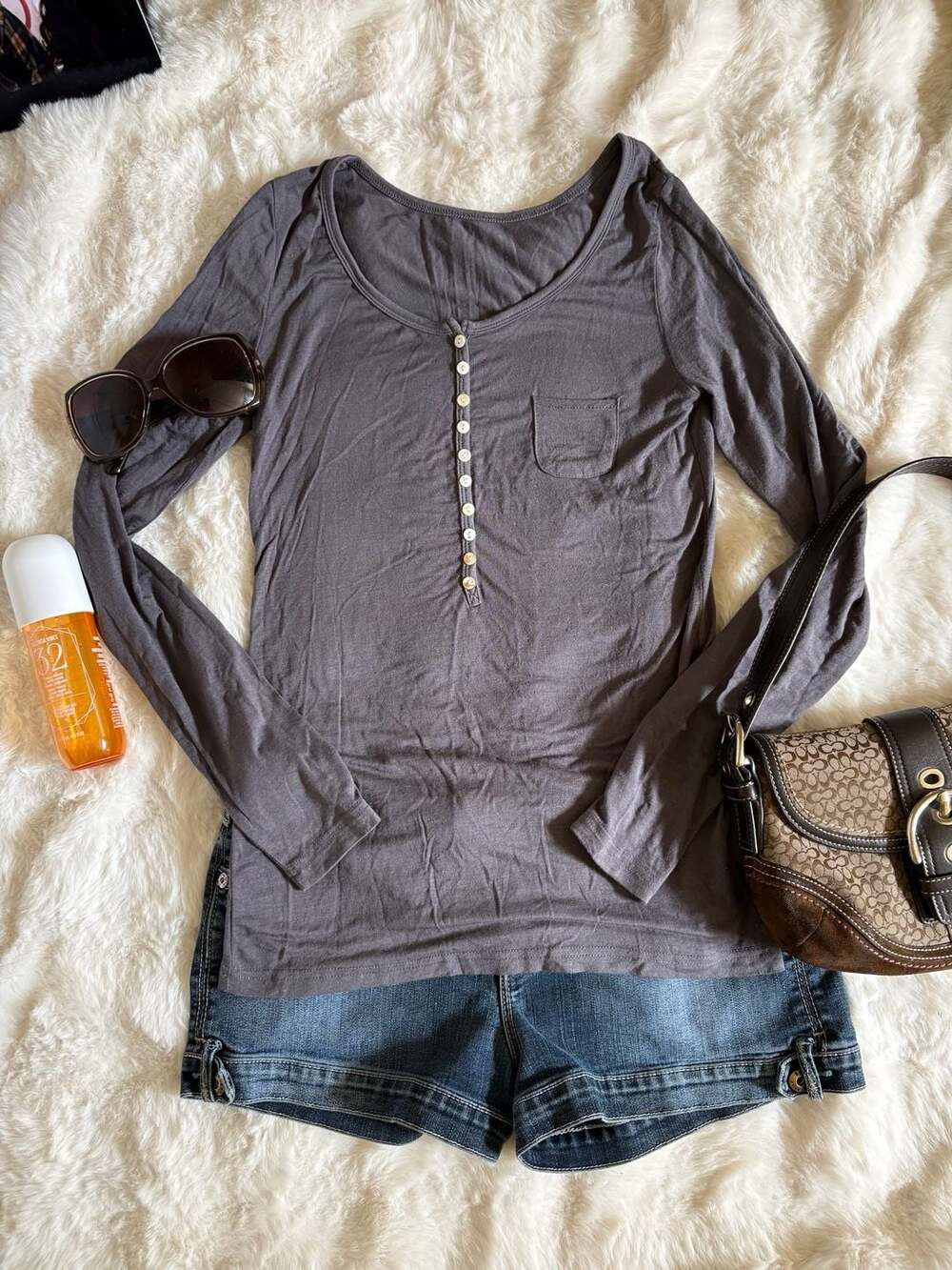 Long Sleeve Henley T-Shirt Size L Grey Cotton Pocket